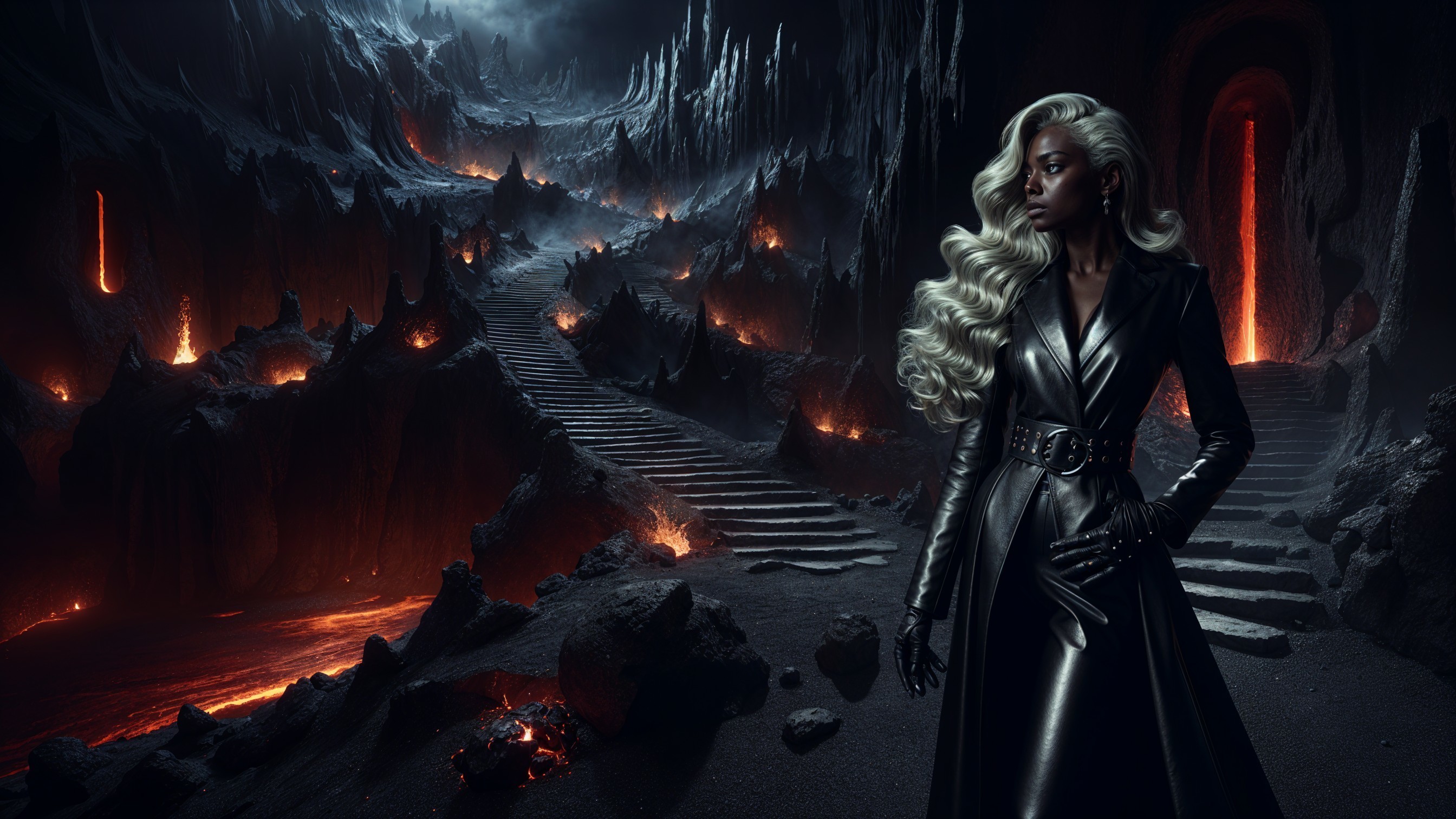 Mysterious Figure in Fiery Landscape with Lava Flows