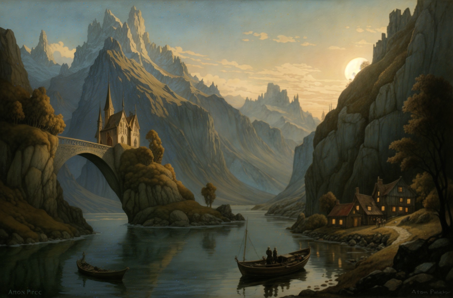 Serene sunset landscape with mountains and river