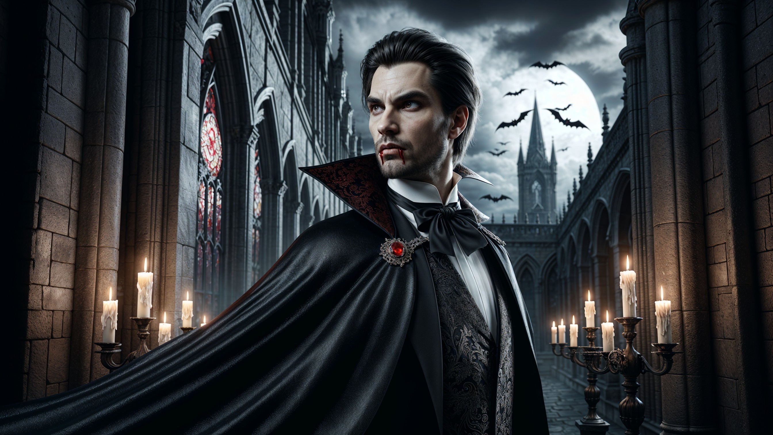 Mysterious Figure in Gothic Castle with Dark Elegance