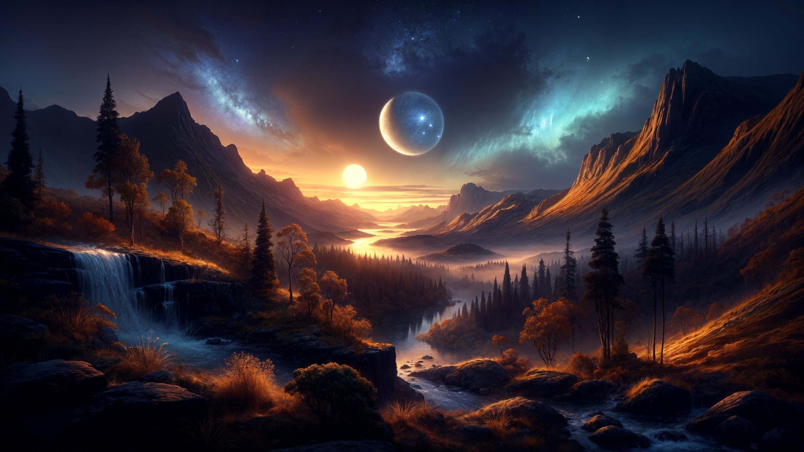 Cascading Waterfalls and Twilight Mountains Landscape