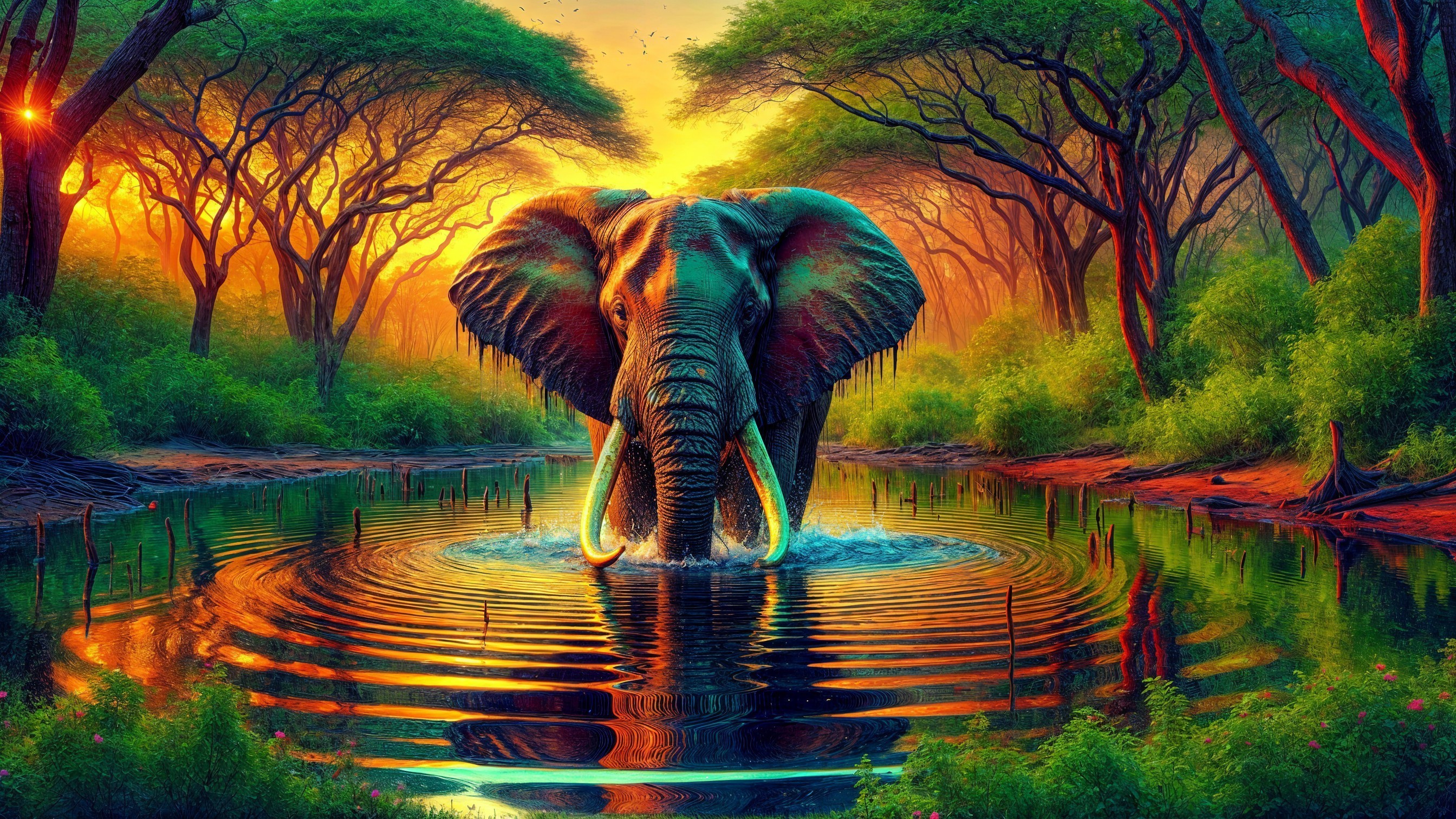 Elephant by Water at Sunset in Lush Greenery