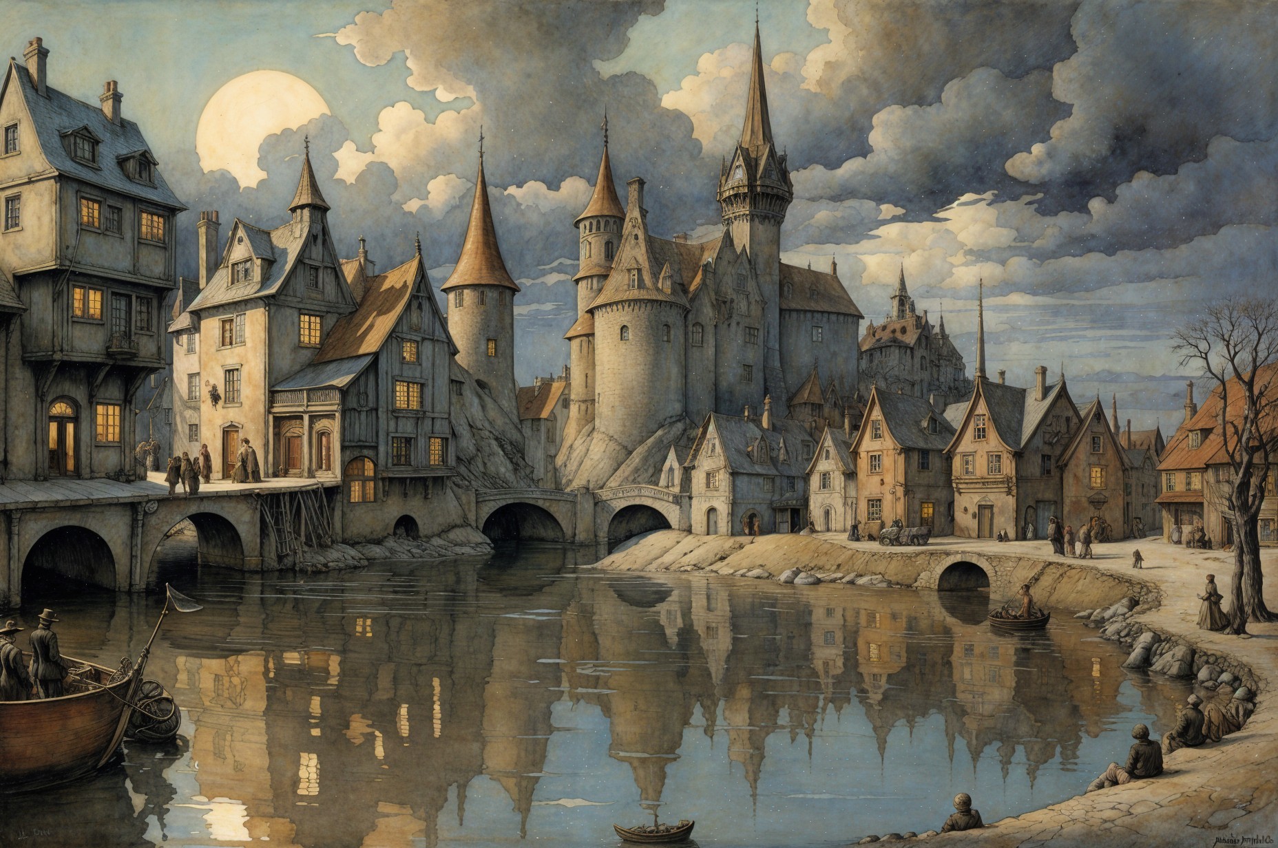 Medieval Town Under Full Moon with Serene River