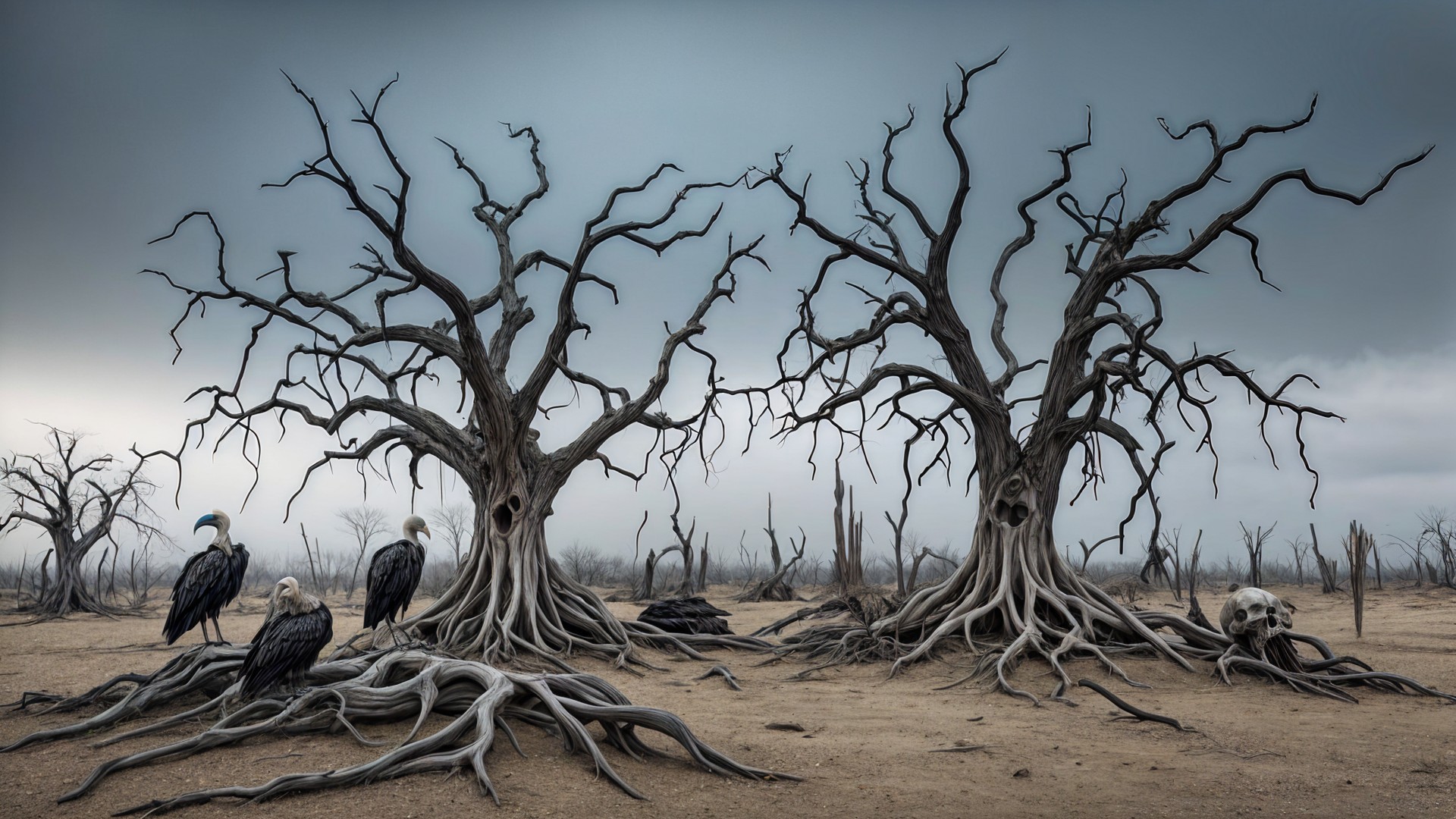 Desolate Landscape with Twisted Trees and Ominous Sky
