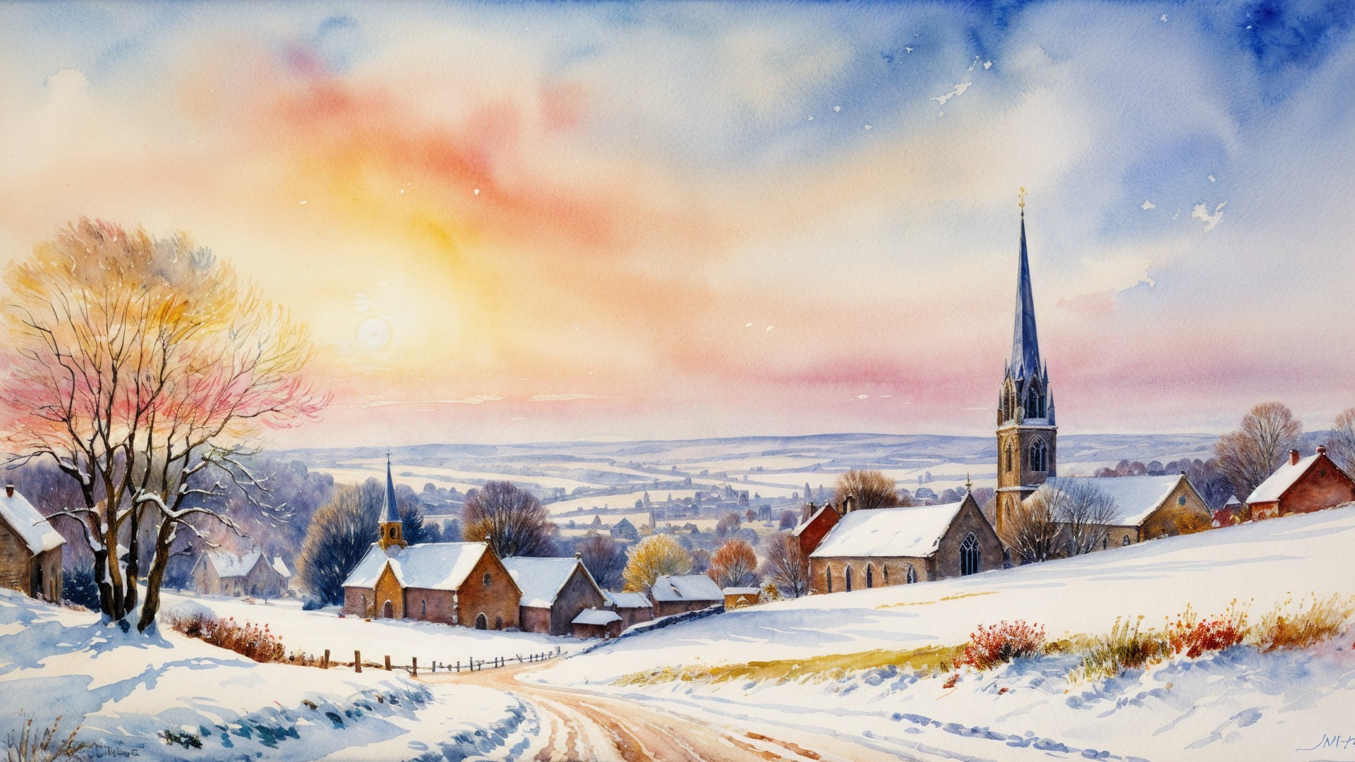 Serene Winter Landscape with Quaint Village and Sunrise