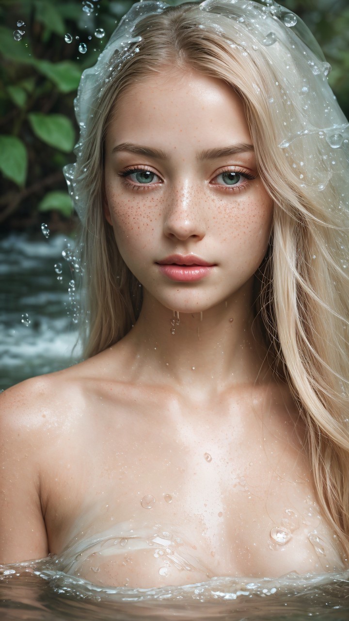 Serene portrait of a young woman in water and greenery