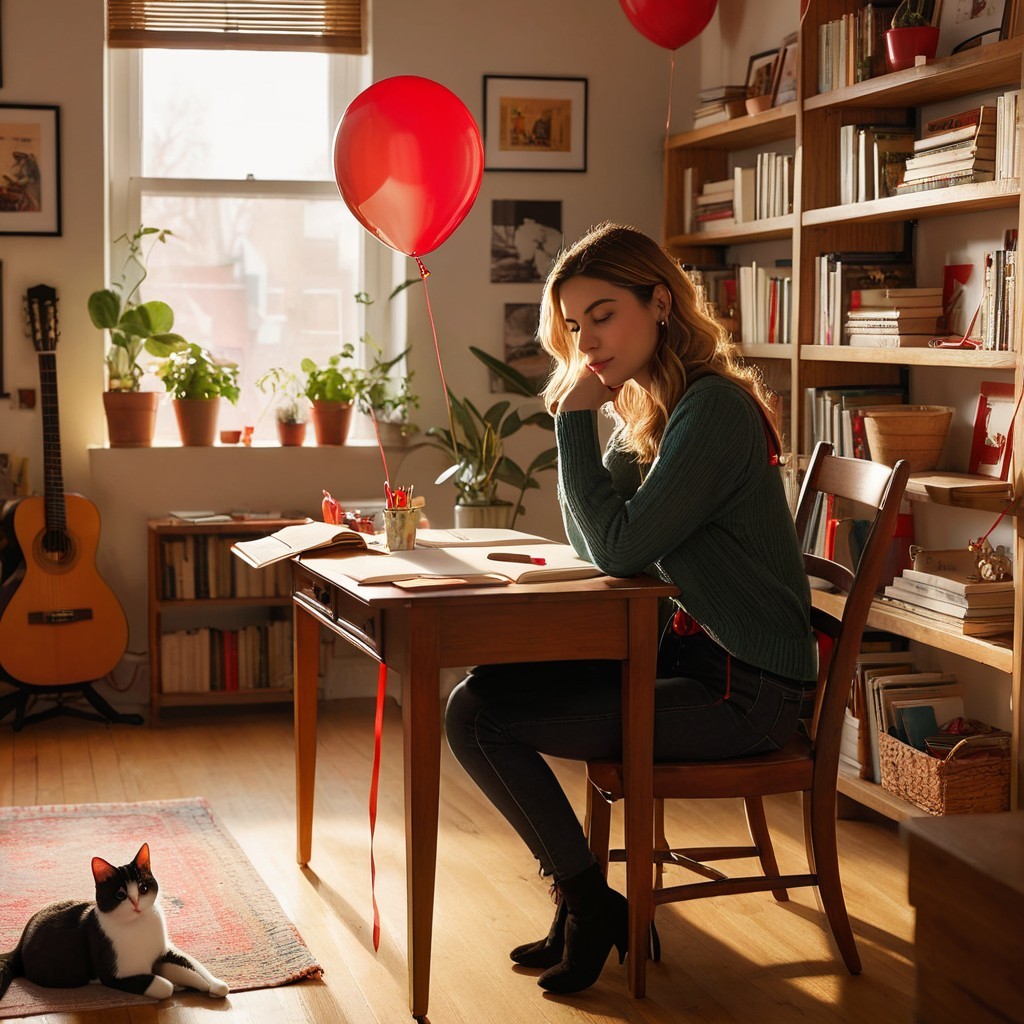 Cozy Room with Woman, Books, Plants, and Balloons