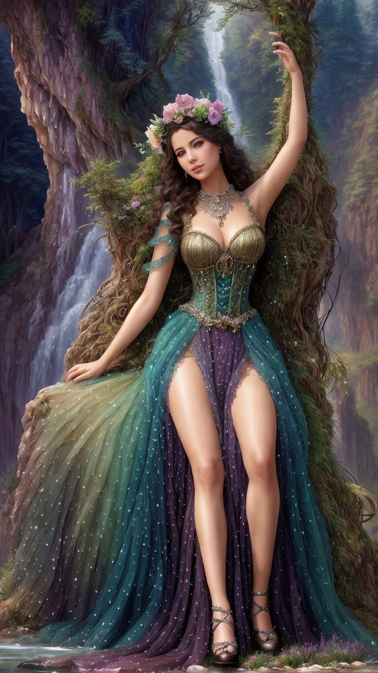 Mystical Figure in Lush Forest with Waterfalls