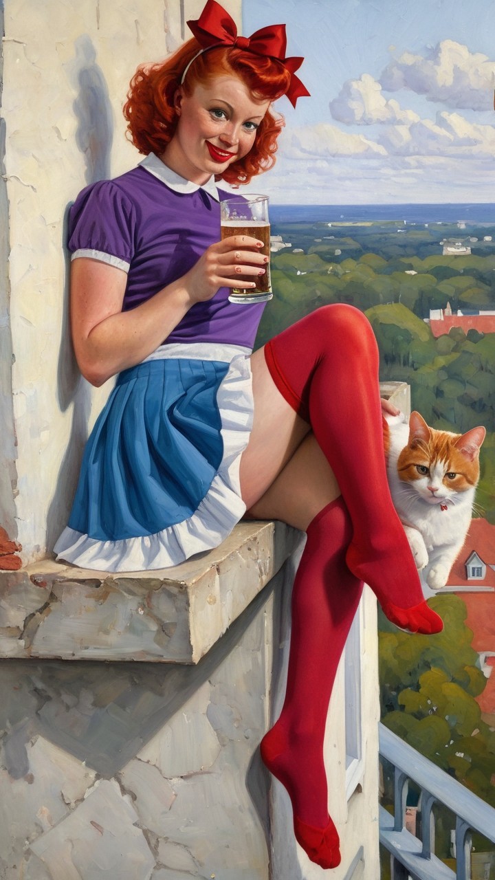 Cheerful woman on balcony with cat and scenic view