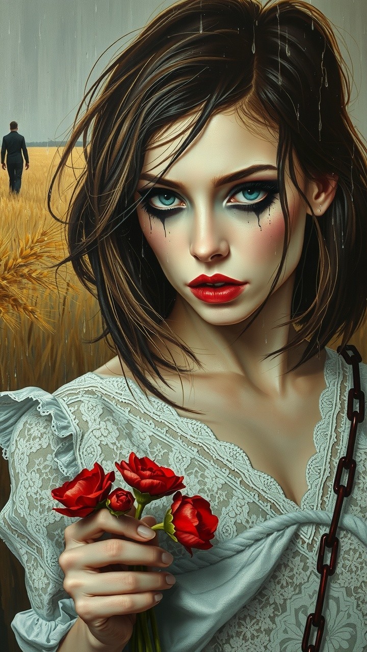 Portrait of a woman in white dress with red roses