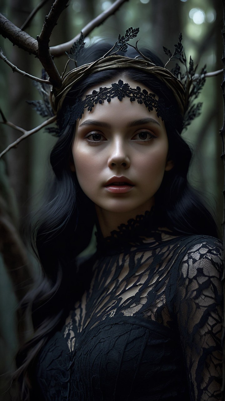 Young woman in black lace dress in a forest setting