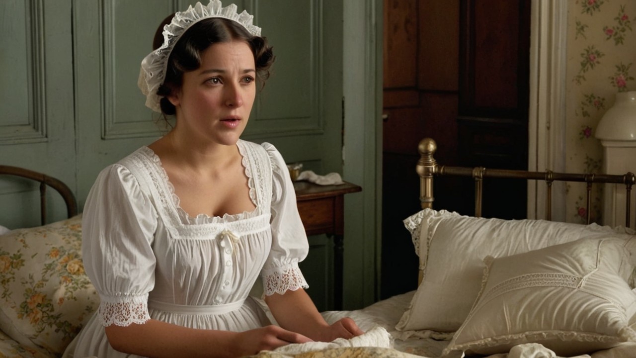 Vintage White Dress in Rustic Room with Pensive Woman