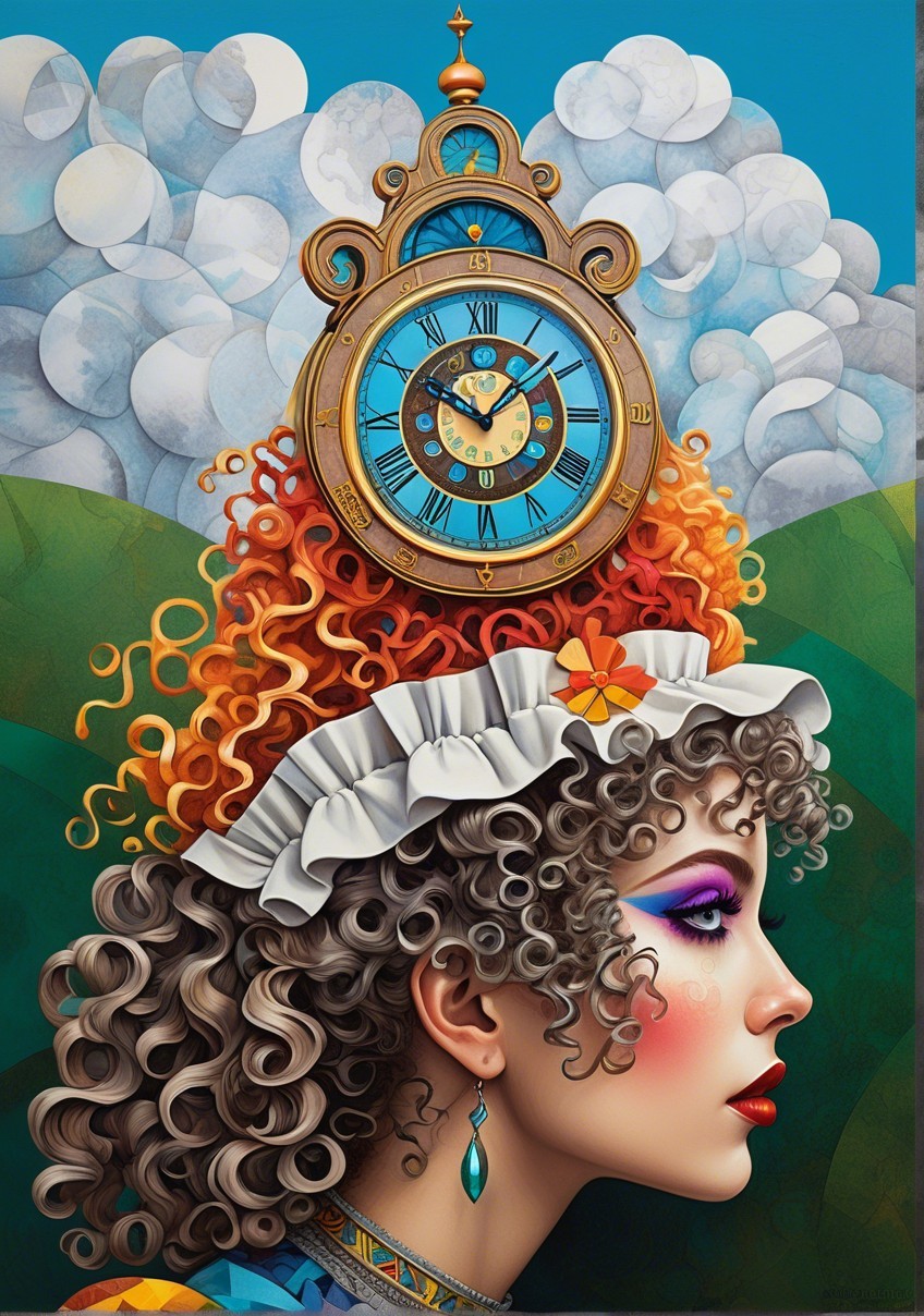 Stylized Woman with Clock and Whimsical Clouds