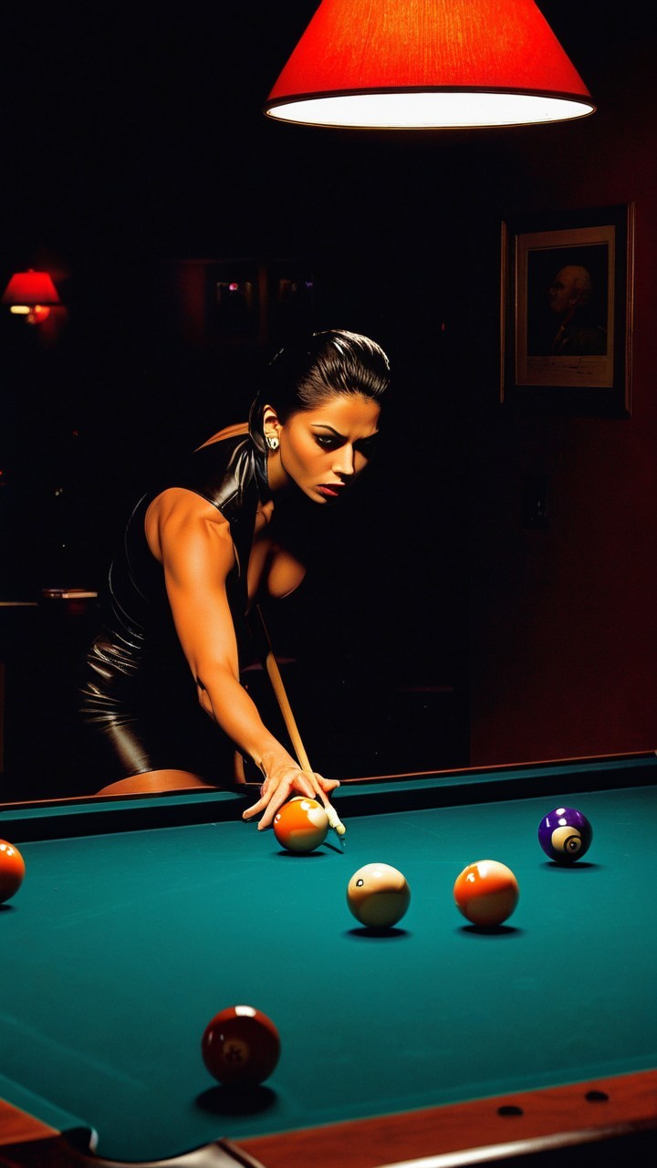 Young Woman in Black Jumpsuit at Pool Table