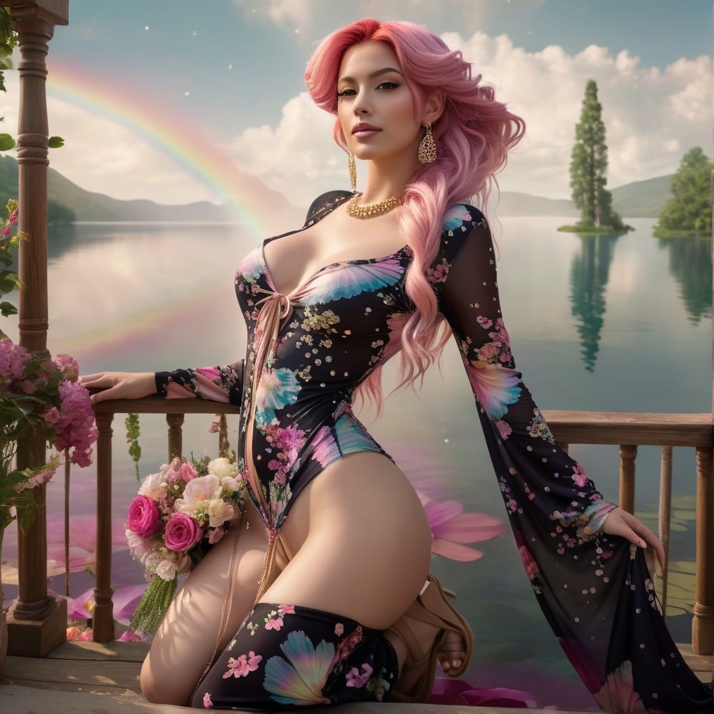 Fashionable woman with pink hair by serene lake