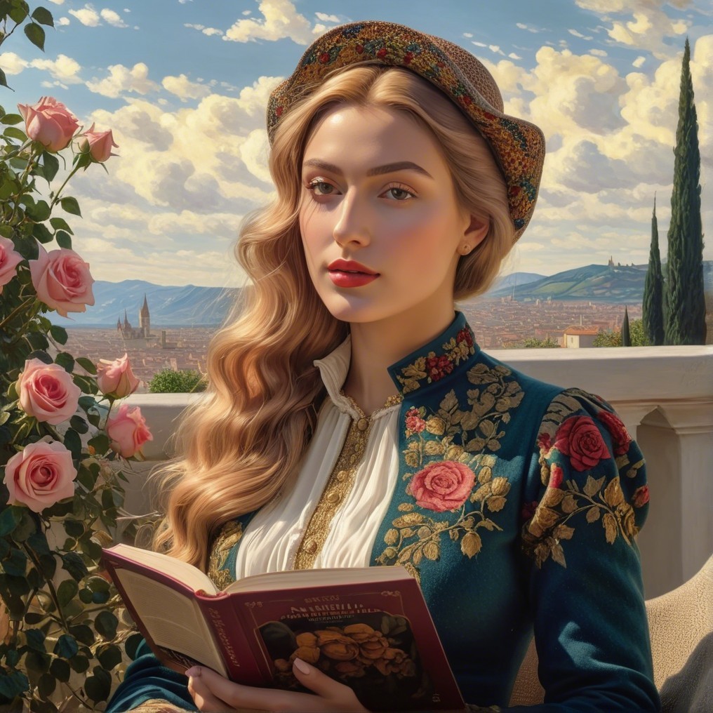Young woman in floral coat with book in serene setting
