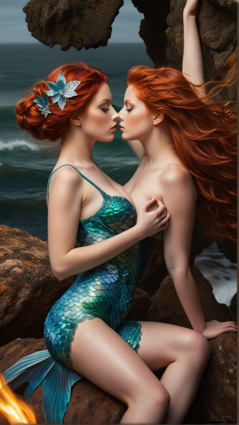 Mermaids with Red Hair on Rocky Sea Cliffs