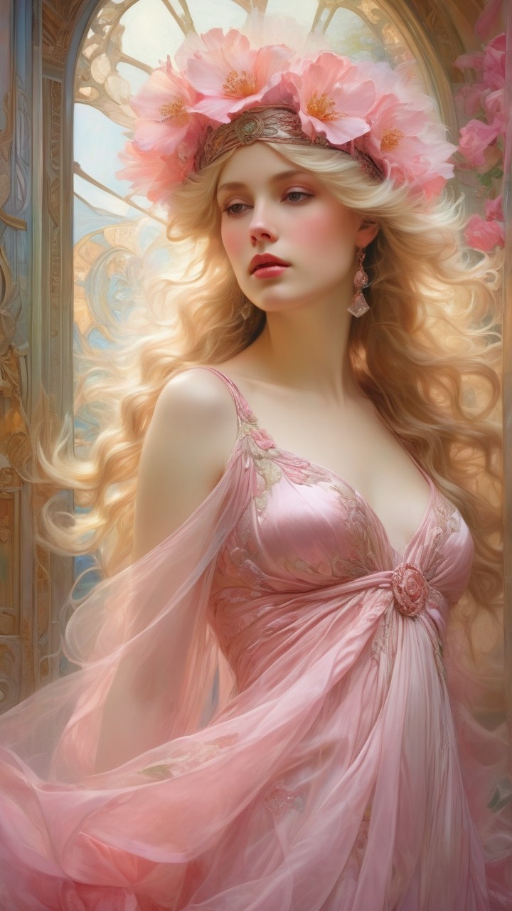Elegant Woman in Pink Gown with Floral Headpiece