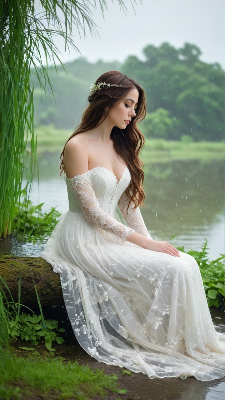 Ethereal Wedding Gown in a Serene Natural Setting