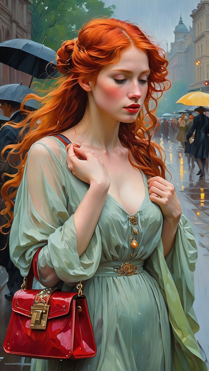 Young Woman in Green Gown in Rainy Urban Scene