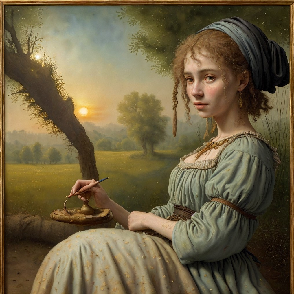 Young Woman in Light Blue Gown Seated in Nature