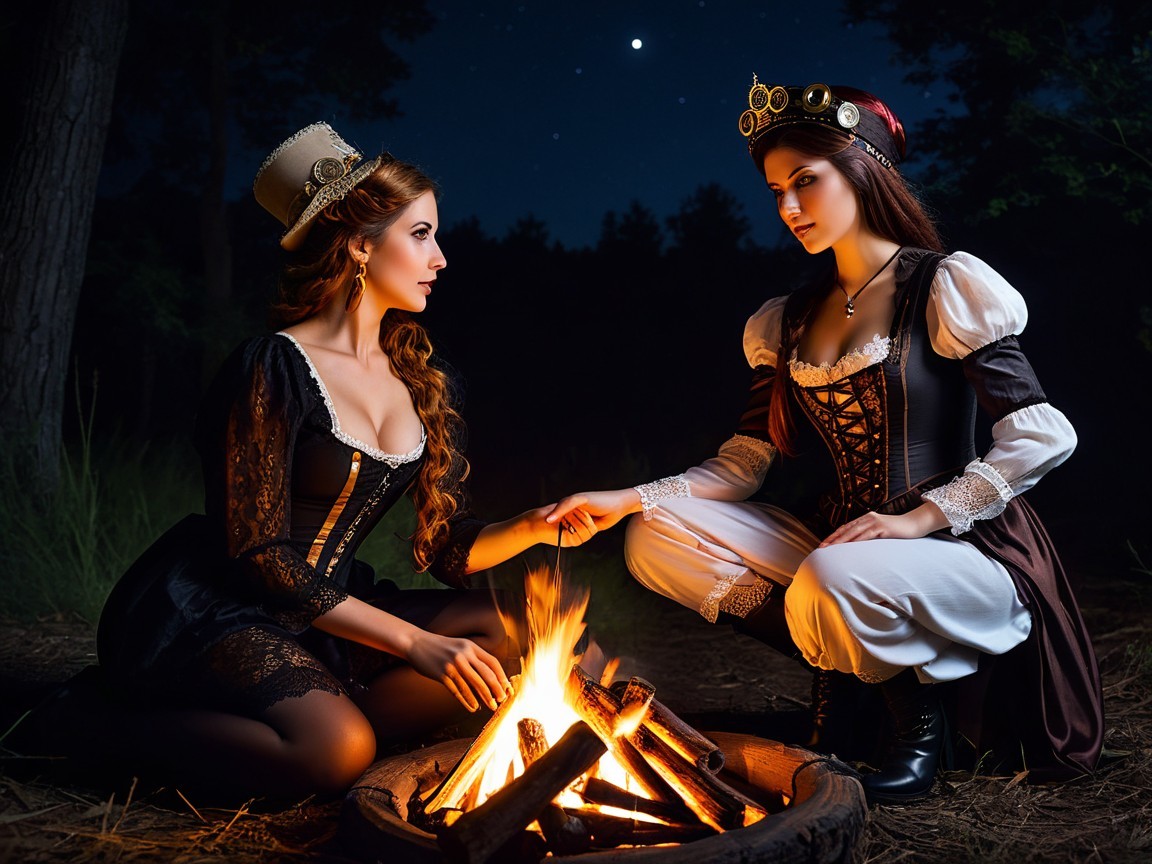 Elegant Women in Forest Clearing by Campfire