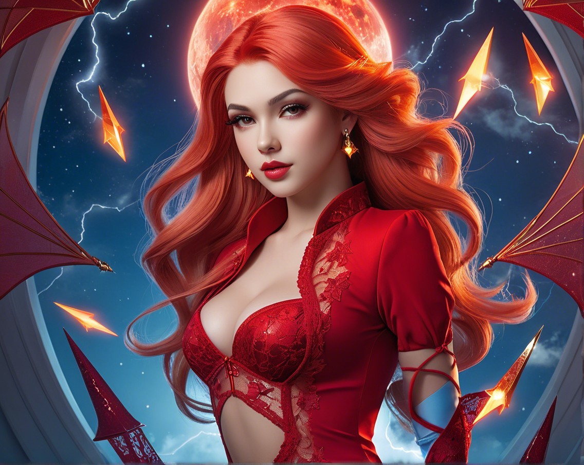 Enchanting Woman in Red with Mystical Moonlight