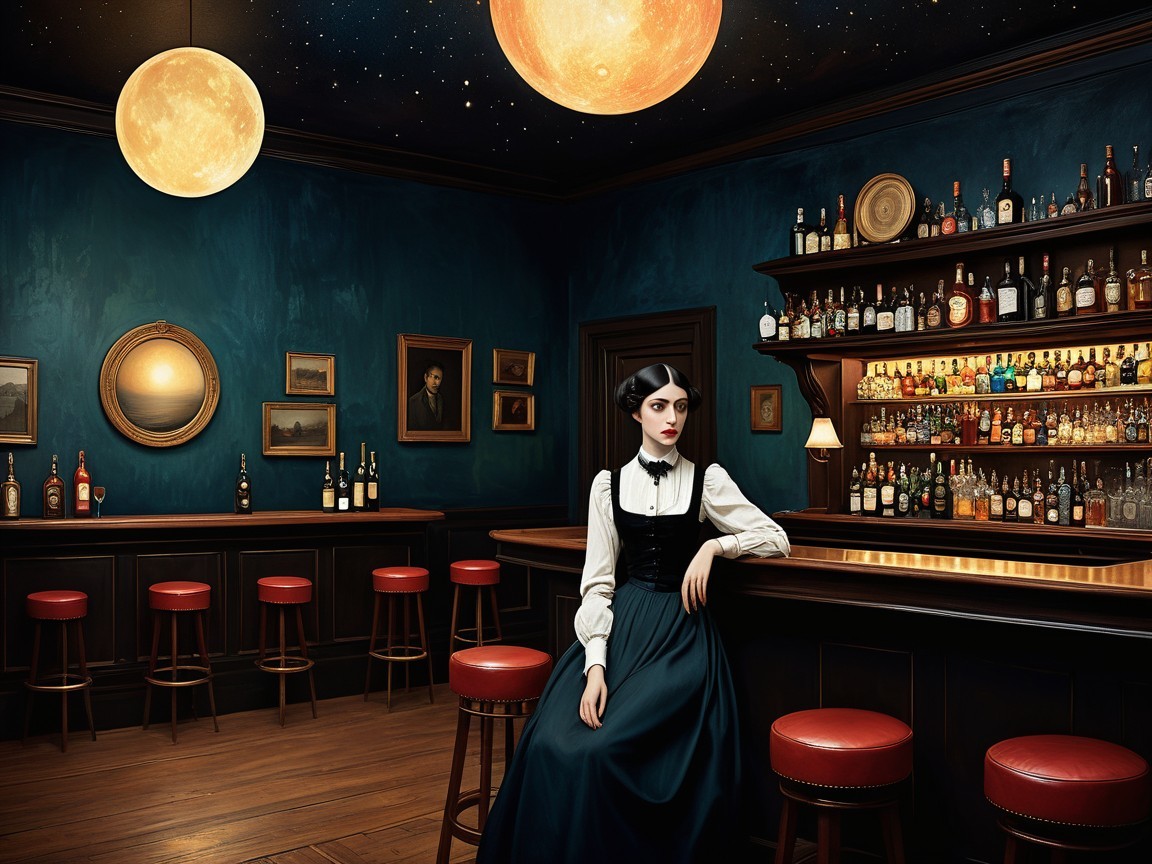 Elegant Woman in Vintage Gown at Dimly Lit Bar