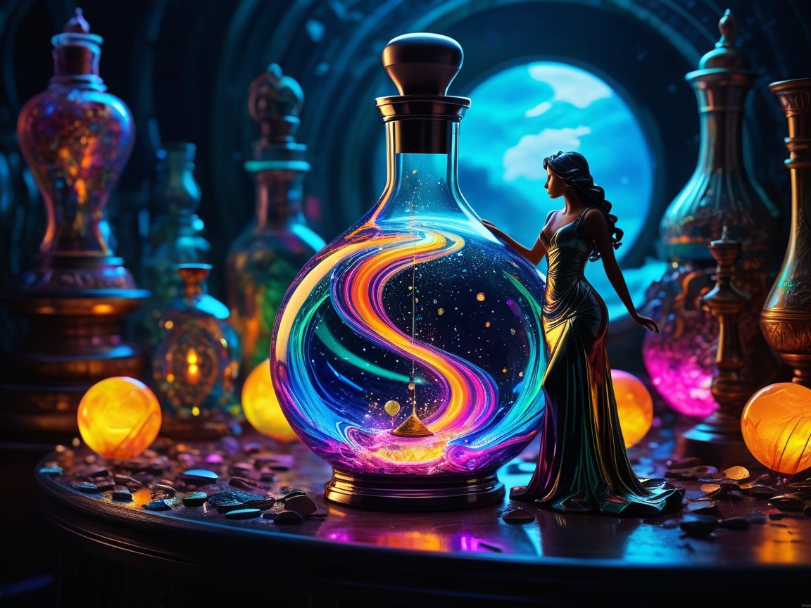 Vibrant Potion in Ornate Bottle with Enchanting Surroundings
