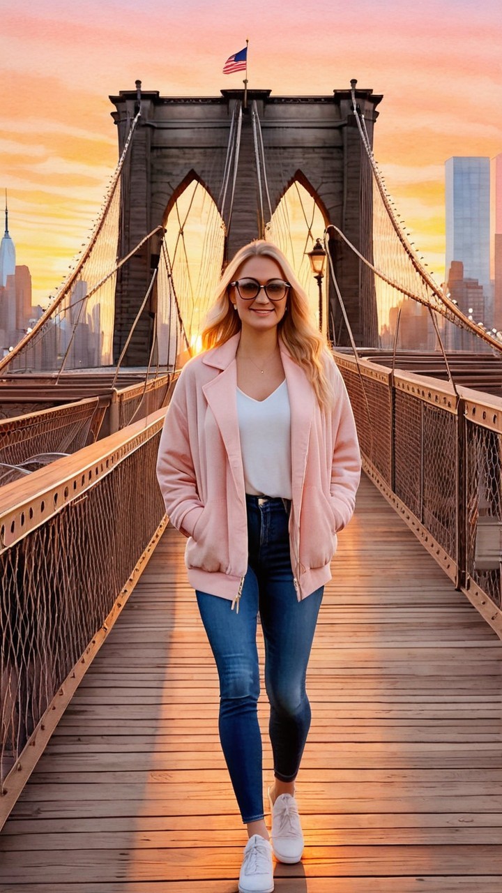 Woman on Brooklyn Bridge at Sunset with NYC Skyline