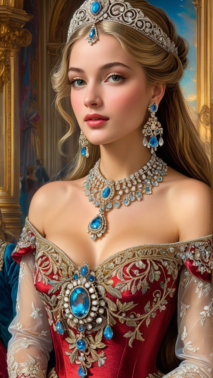 Regal Figure in Red Gown with Gold Embroidery