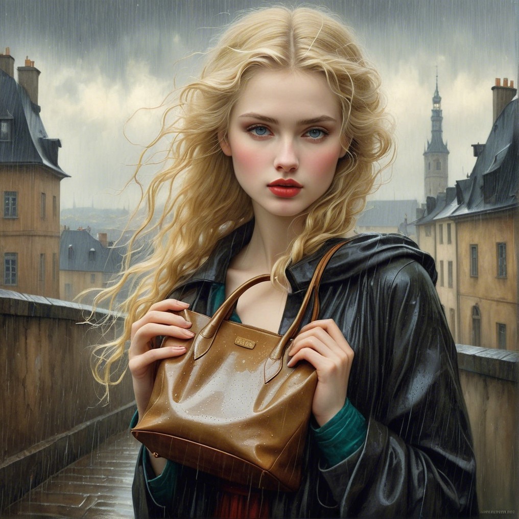 Young woman in rain with platinum blonde hair and coat