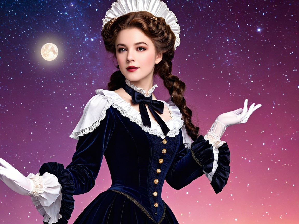 Elegant Woman in Vintage Dress Against Cosmic Backdrop