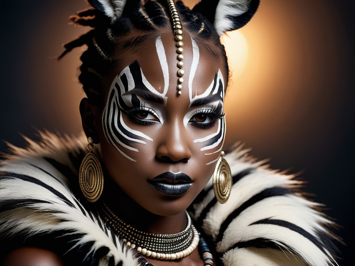 Close-Up Portrait of a Woman with Zebra Face Paint