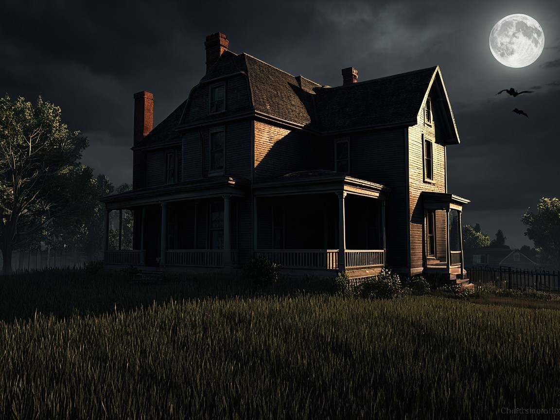 Eerie Victorian House Under Full Moon at Night