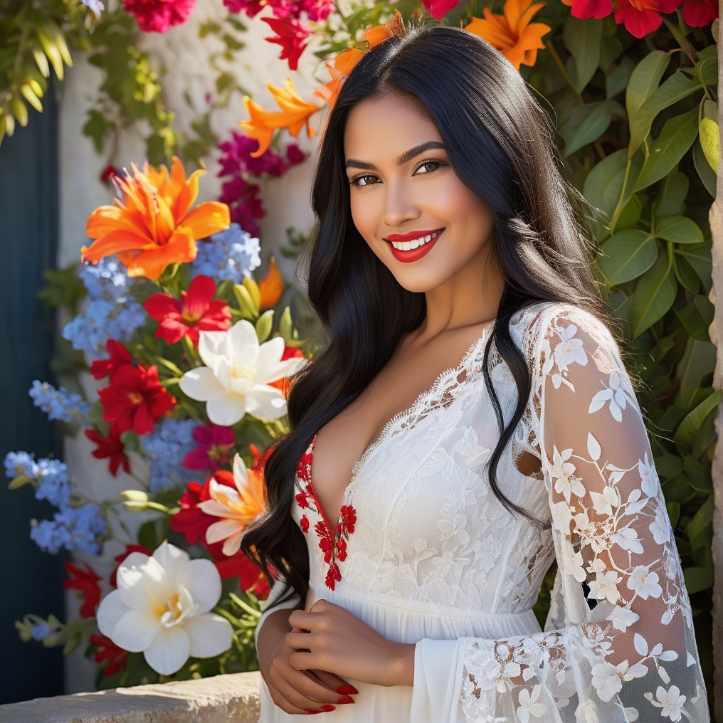 Young woman in white dress among vibrant flowers
