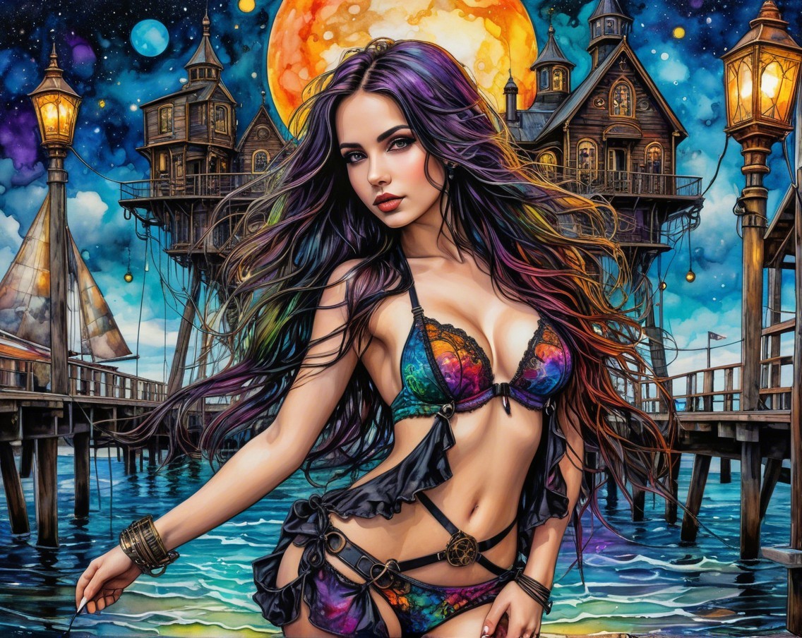Young woman with multicolored hair by a glowing pier