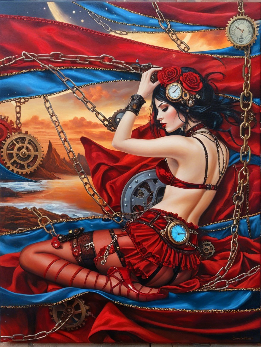 Steampunk Artwork of Woman in Red with Gears and Clocks