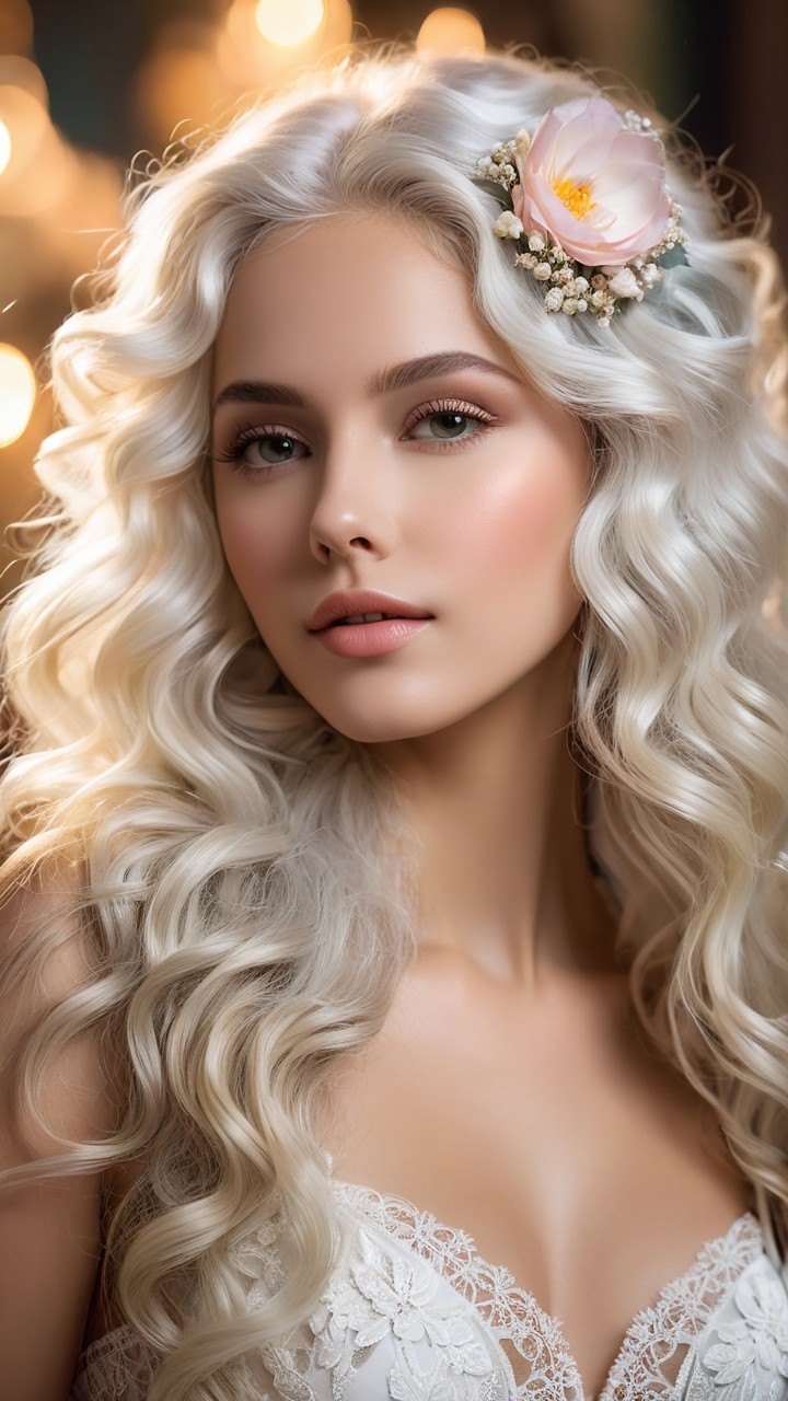 Young woman with long blonde hair and flower clip