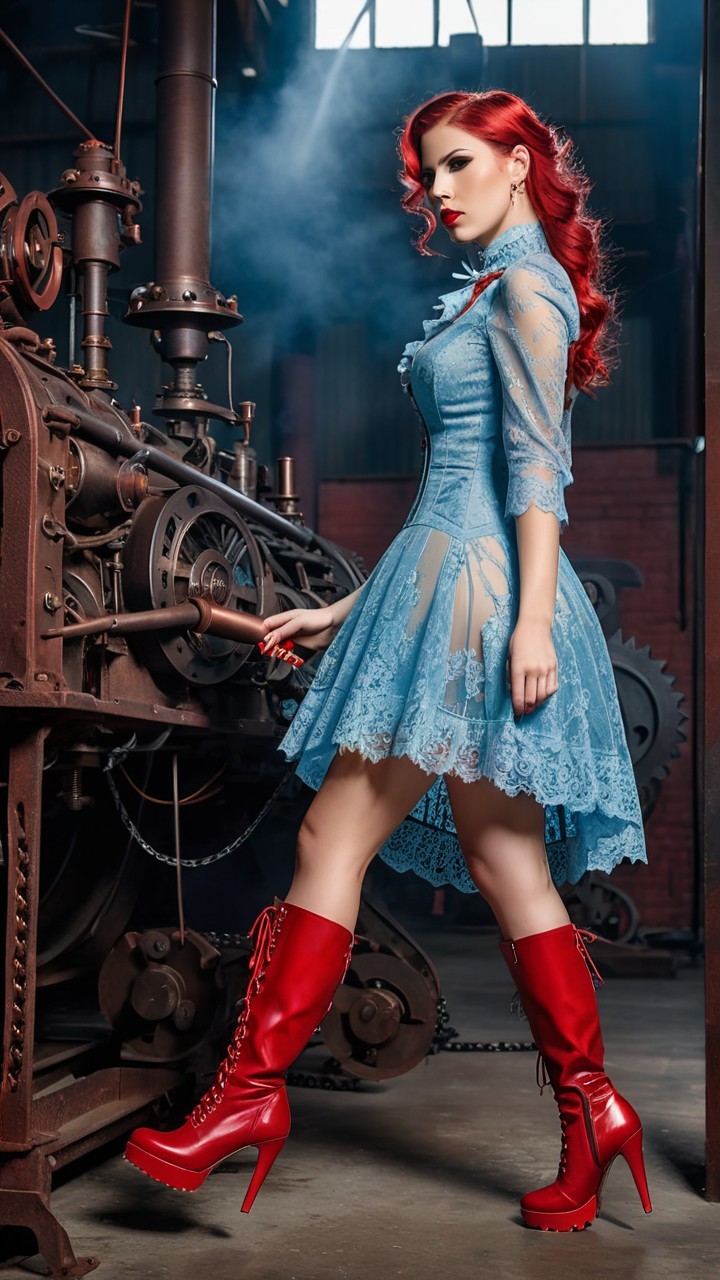 Vintage Industrial Setting with Lace Dress and Red Hair