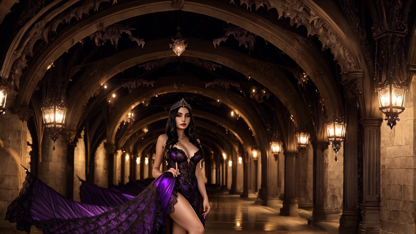 Gothic Corridor with Woman in Purple Gown and Tiara