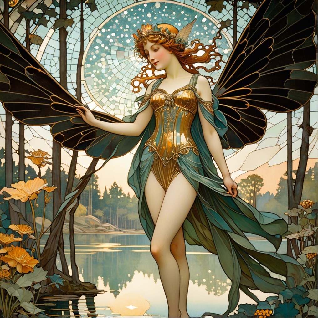 Mystical Fairy by Serene Lake with Stained Glass Wings