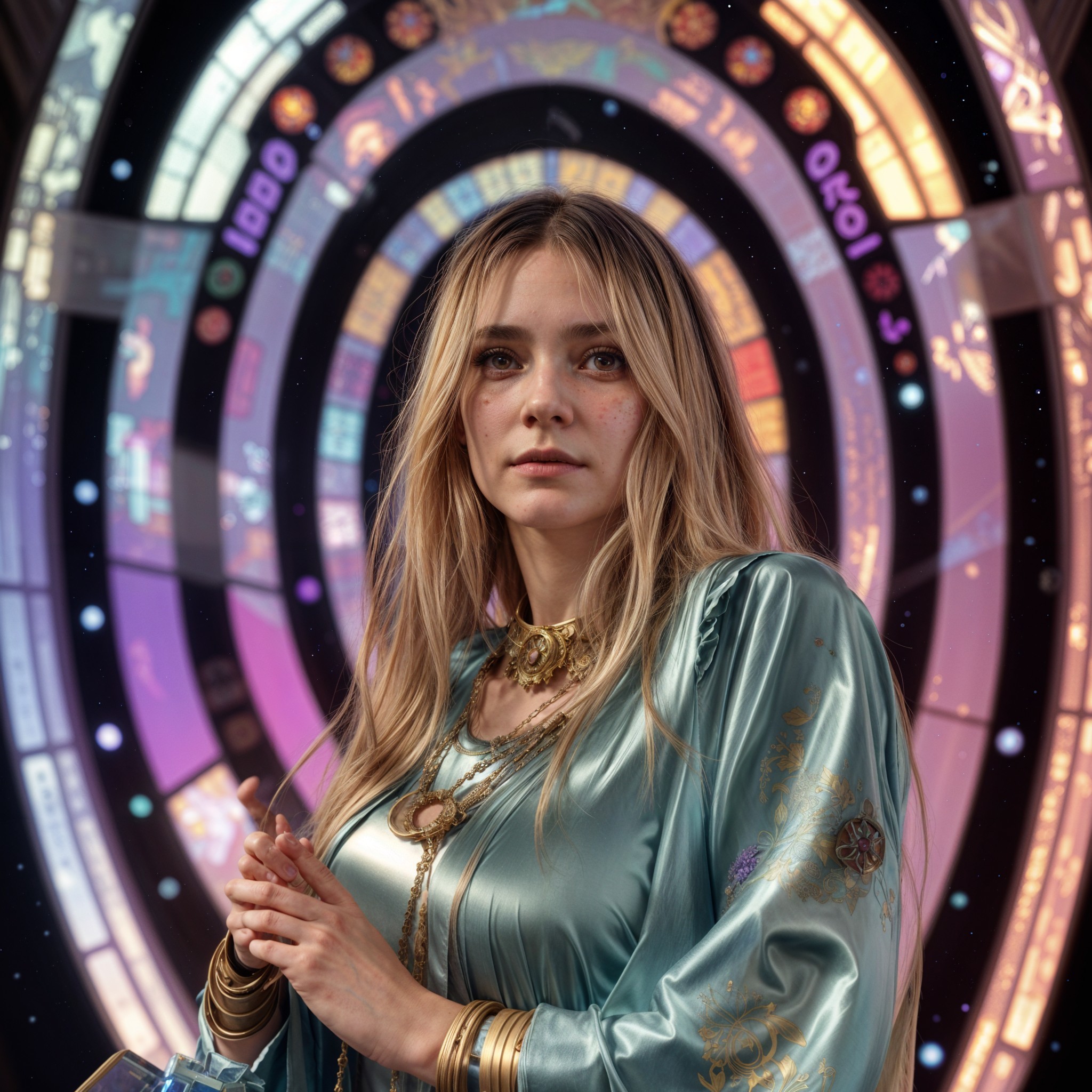 Detailed Portrait of a Young Woman in Teal Satin Dress