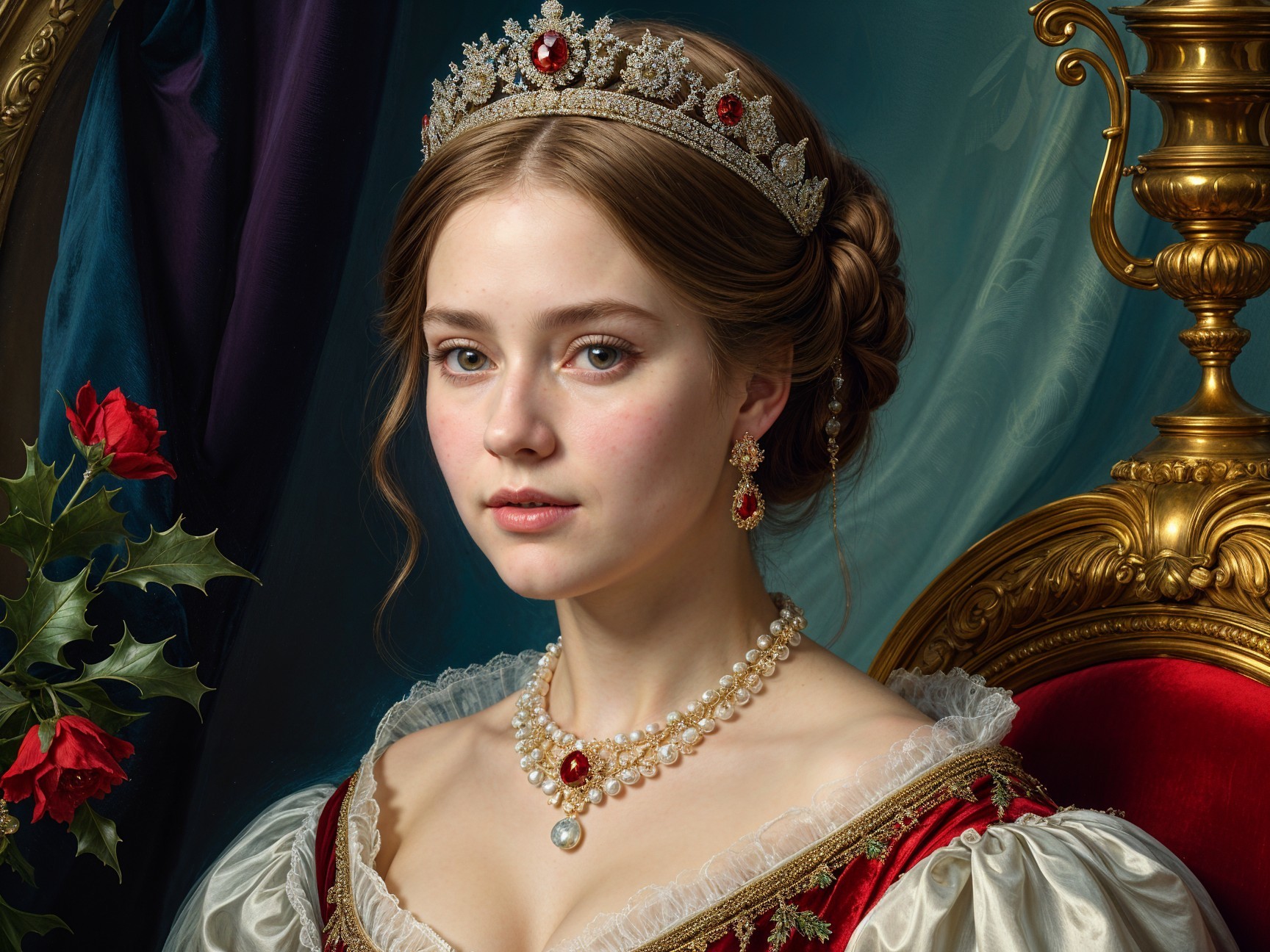 Regal figure in opulent gown on golden throne