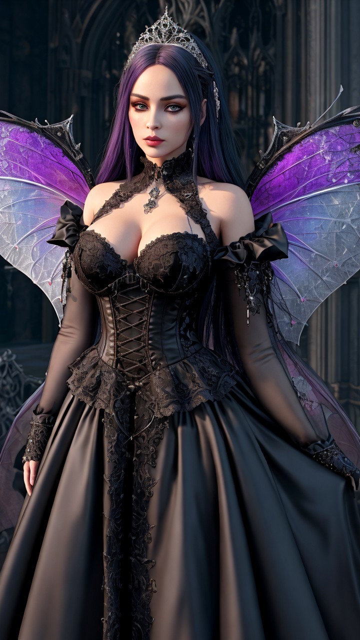 Gothic figure in dark gown with iridescent wings