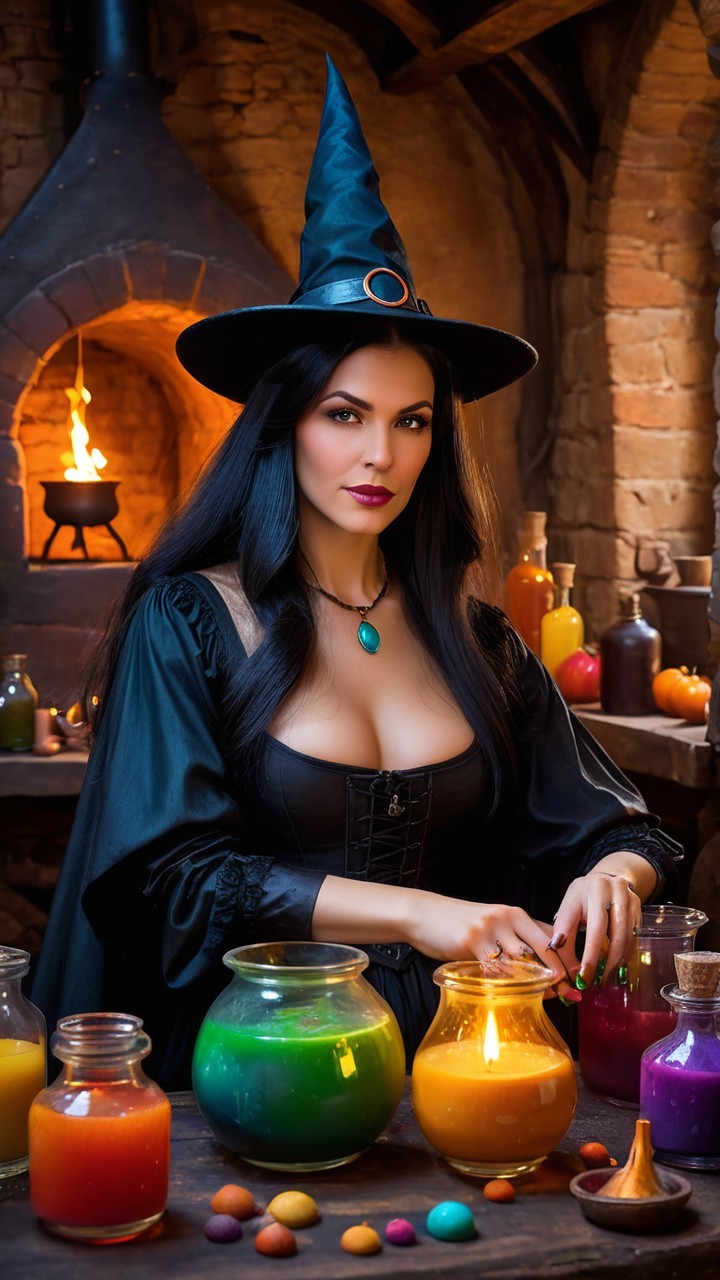 Witch at Table with Colorful Potions and Cauldron