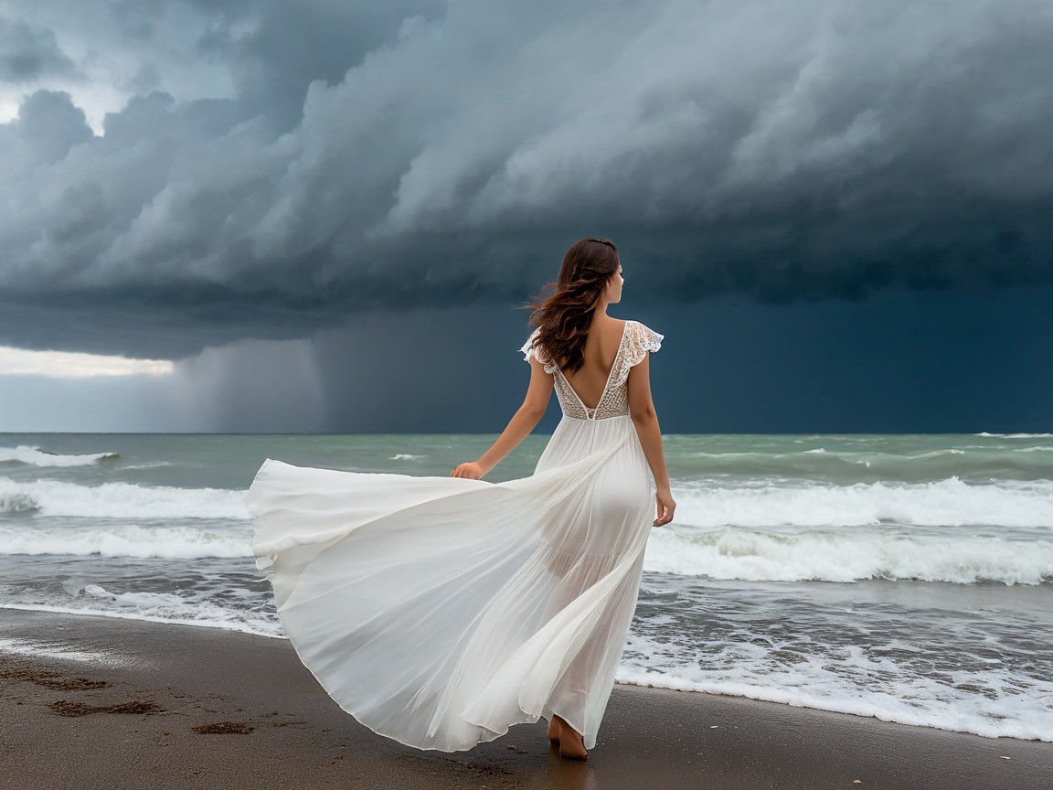 Woman in white dress on beach with stormy skies