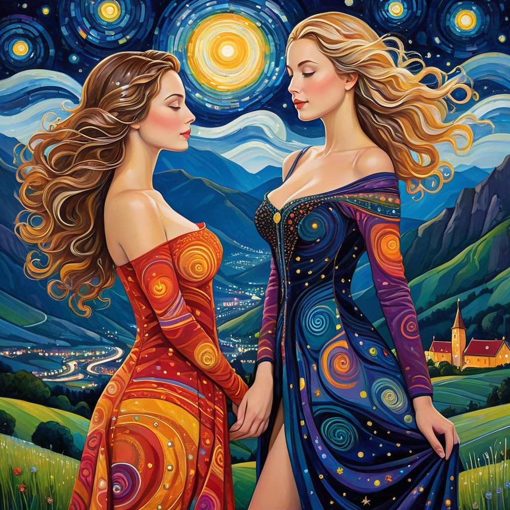 Women in Vibrant Dresses Against Starry Landscape