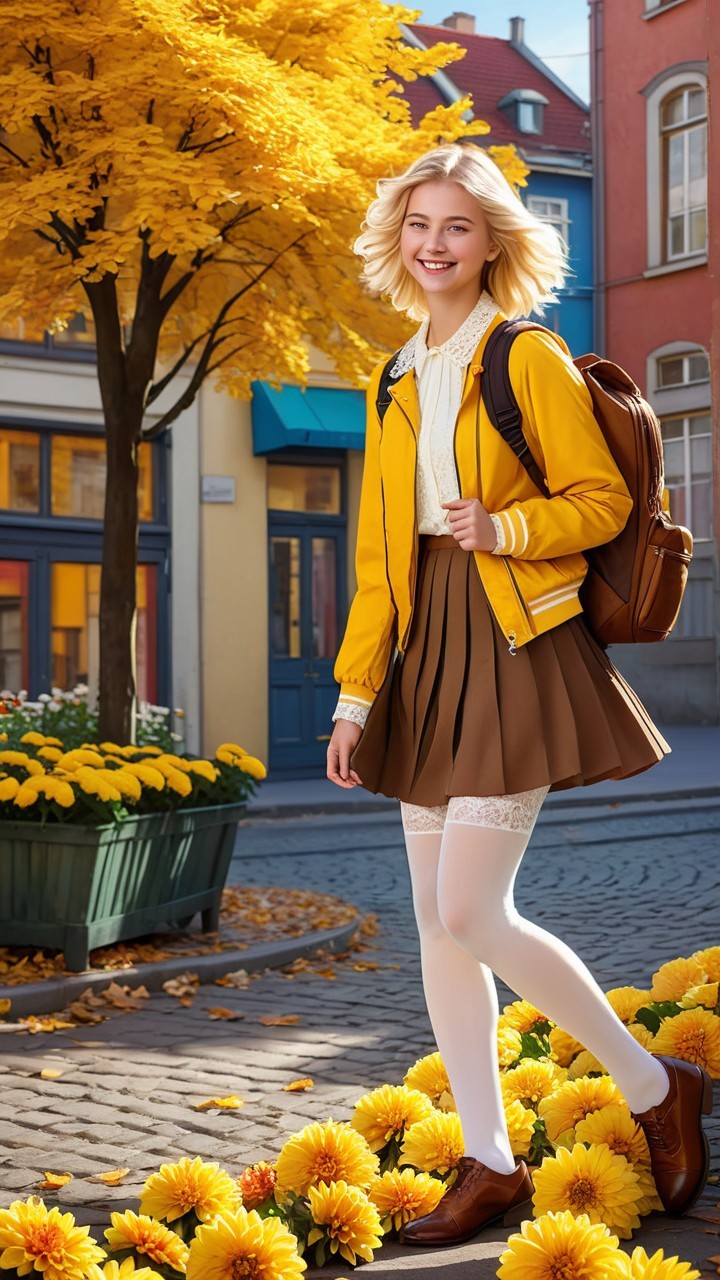 Young Woman in Yellow Jacket on Flowered Street