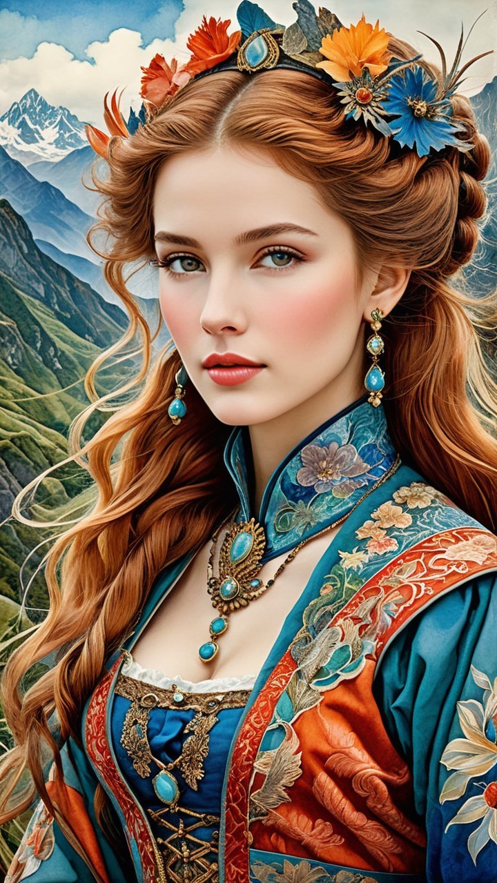 Young woman with red hair in colorful outfit and jewelry