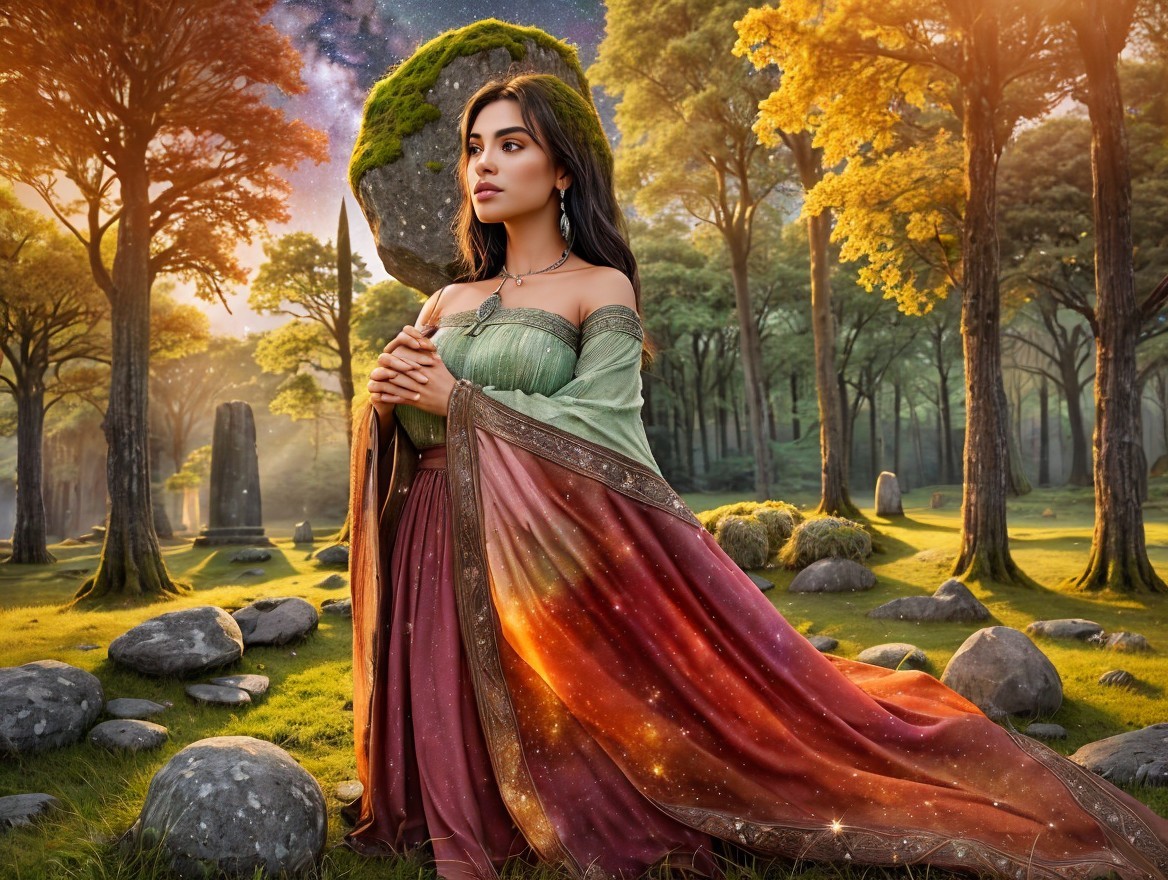 Mystical Forest Scene with Woman in Elegant Gown